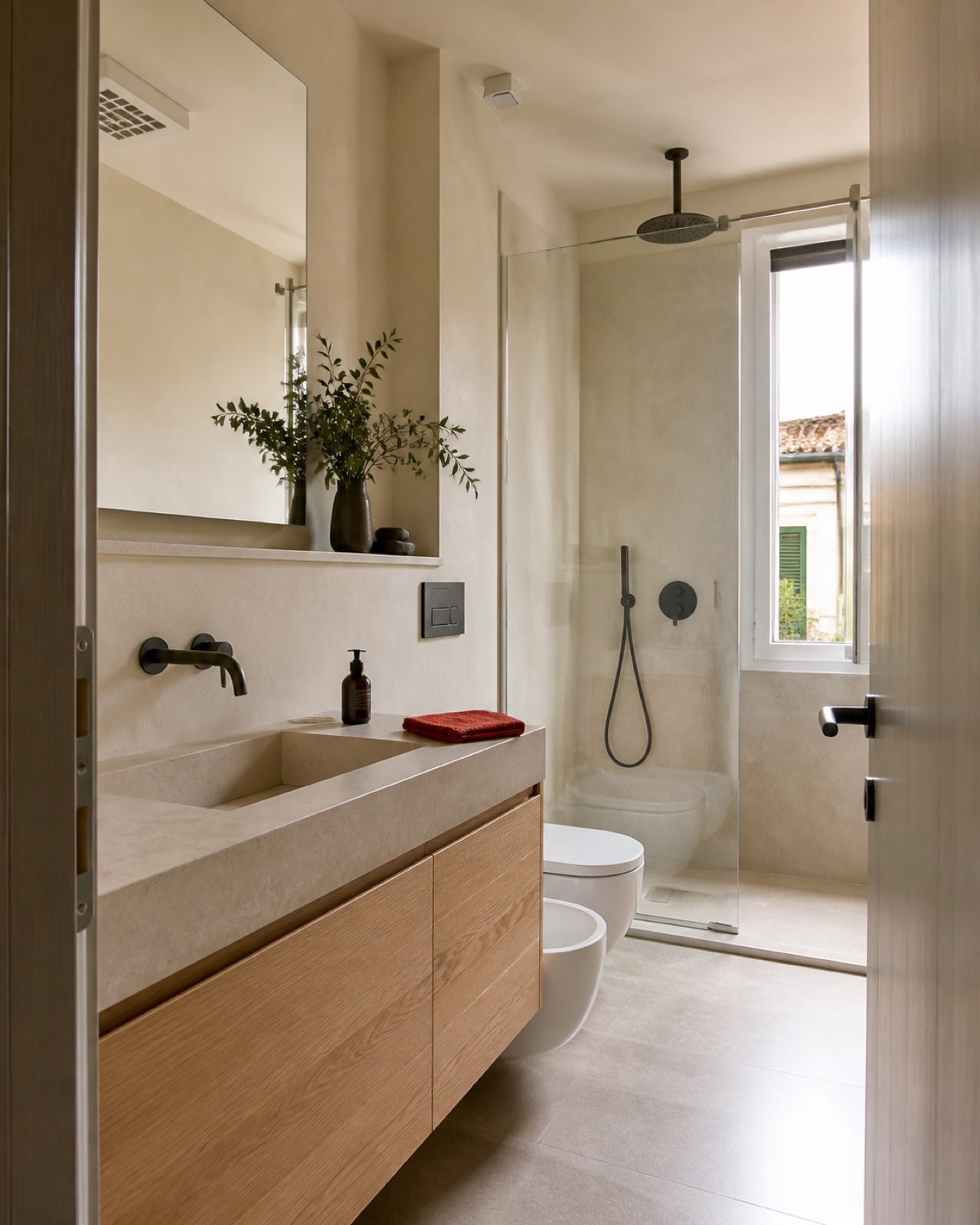 Bagno ristrutturato con doccia, mobile in rovere e rubinetteria scura
