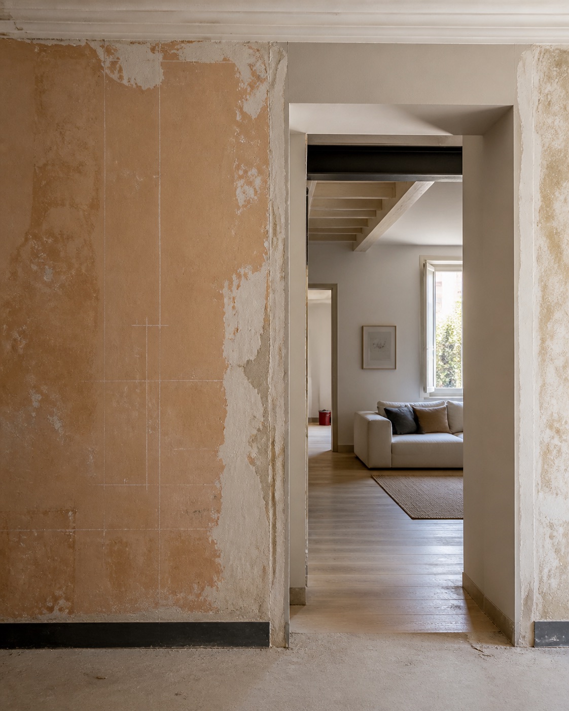 Parete con intonaco rimosso e segni di rilievo, aperta verso un soggiorno ristrutturato
