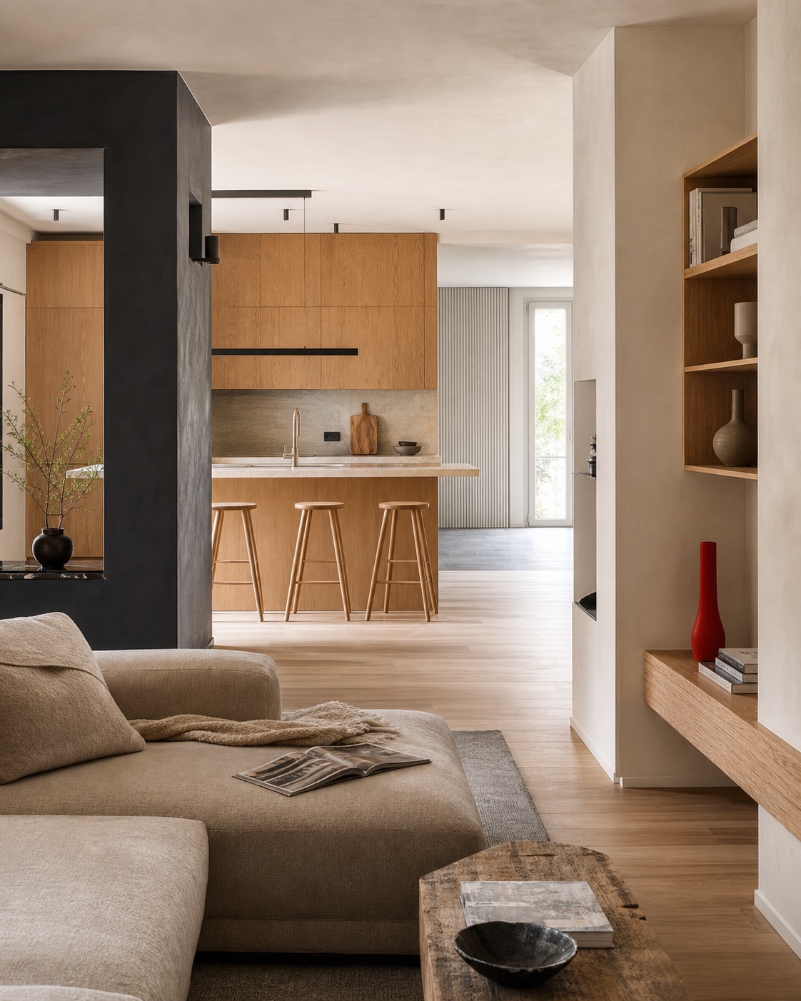 Zona giorno ristrutturata con cucina, legno chiaro e luce naturale