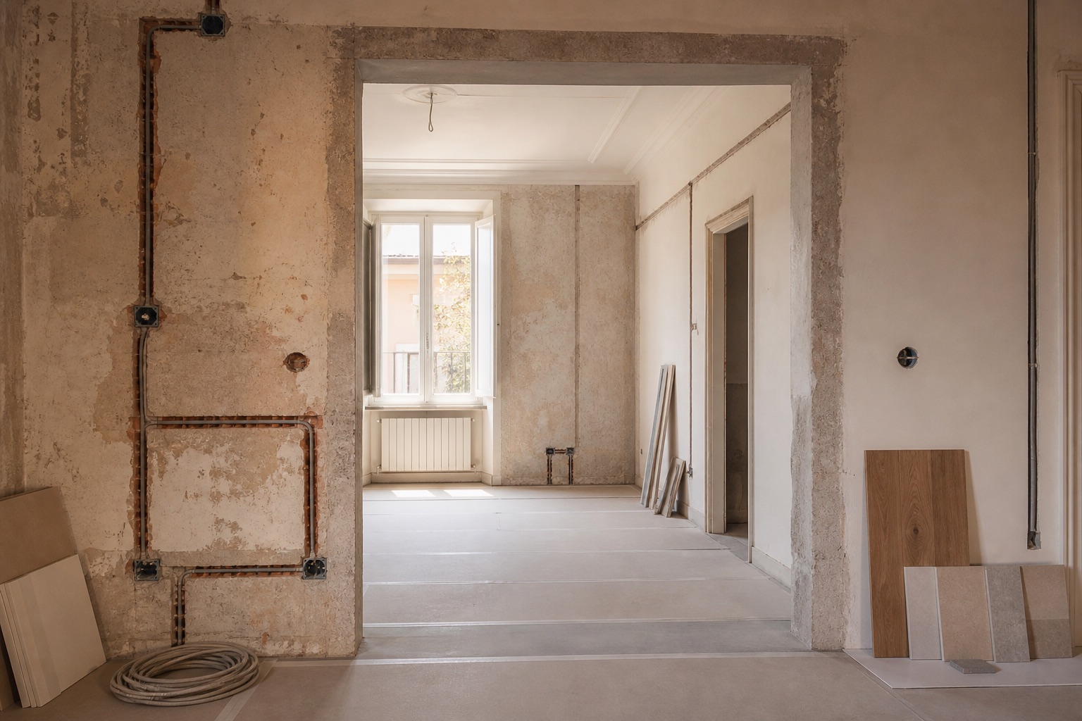 Appartamento in ristrutturazione con intonaco rimosso, tracce degli impianti e campioni di finitura